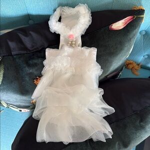 Dog White Satin Ruffled Dress with Pearls